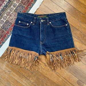 90s Y2K Vintage Dark Wash Denim Cut Off Shorts Leather Suede Fringe Western Boho